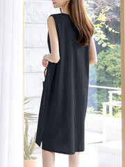 Leisure Solid Slit Hem V Neck Sleeveless Cotton Midi Dress