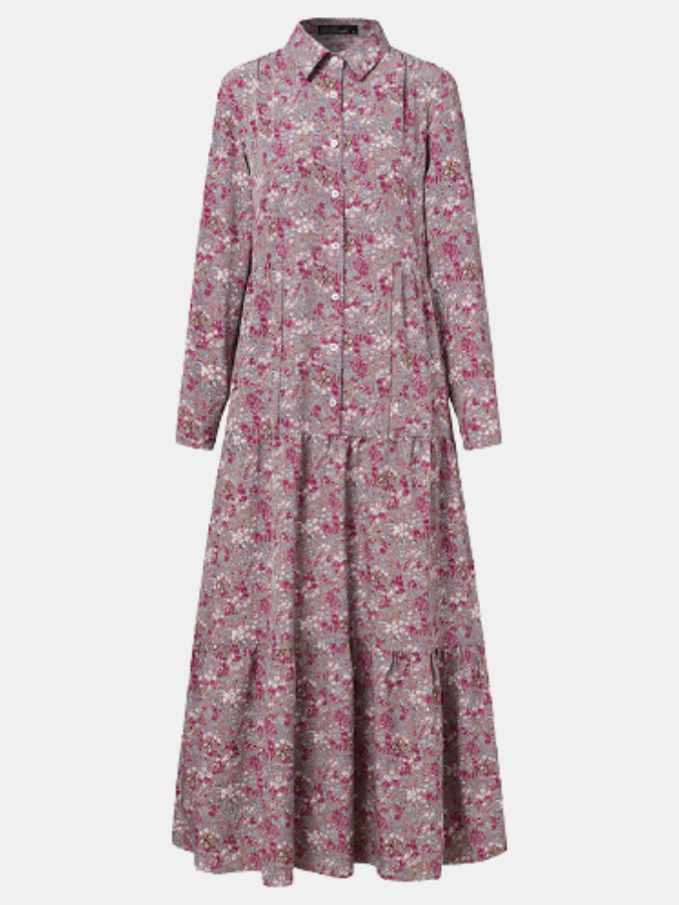 Vintage Floral Print Lapel Pleats Long Sleeve Bohemian Shirt Maxi Dress For Women