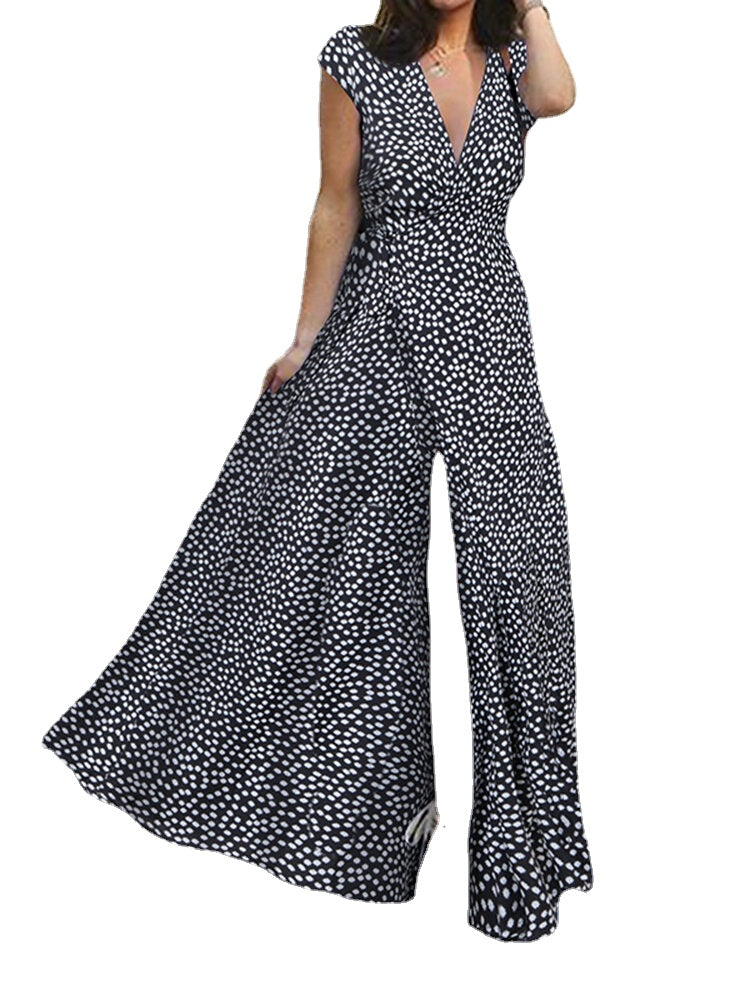 Women Ditsy Floral Print V-Neck Lace-Up High Split Casual Short Sleeve Maxi Dress