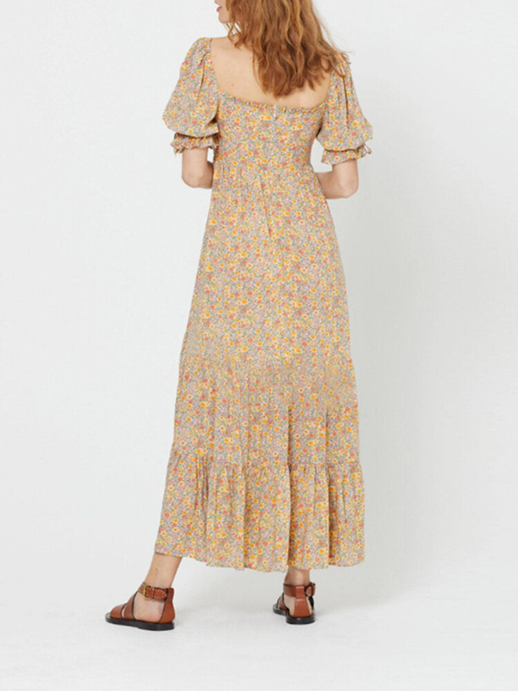 Women Floral Print Puff Sleeve Square Neck Holiday Maxi Dress