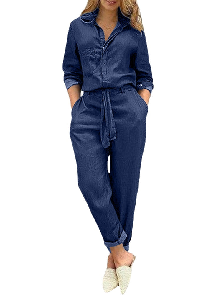 Women Solid Color Button Front Camp Collar Daily Jumpsuit