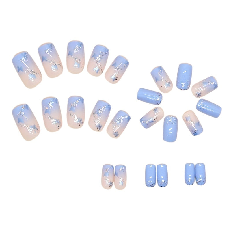 24pc Blue Butterfly & Silver Glitter Press-On Nails - Medium Square for Casual & Formal Events