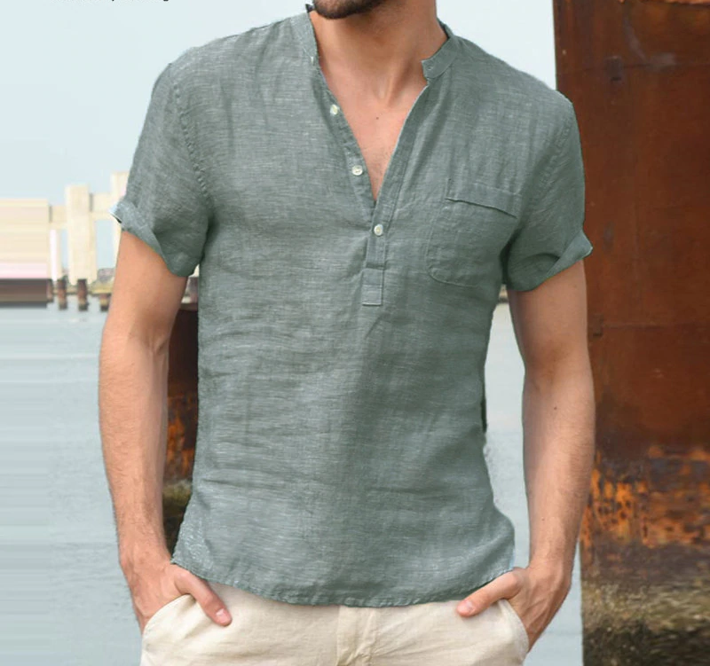 Mens Casual Shirts Short Sleeve V Neck Basic Blouse