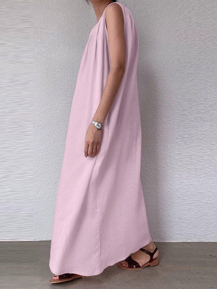 Solid Pocket Cotton Ruched Round Neck Sleeveless Maxi Dress