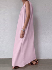 Solid Pocket Cotton Ruched Round Neck Sleeveless Maxi Dress