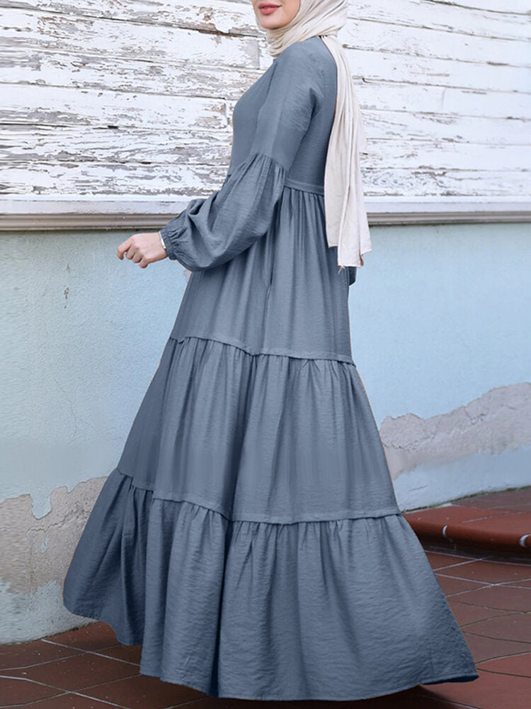 Women Layered Pleats Solid Color Puff Casual Long Sleeve Bohemian Maxi Dress