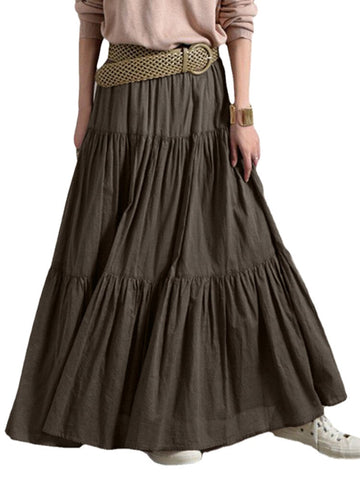 Solid Color Big Swing Elastic Waist Pleated Casual Long Skirt For Women