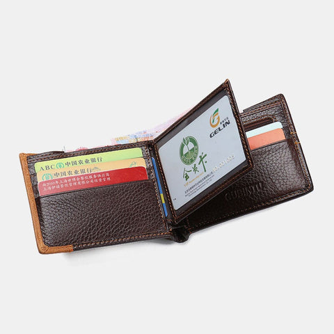 Men Bifold Short Letter Pattern Genuine Leather Wallet Retro 8 Card Slots Splicing Case Coin Purse Money Clip