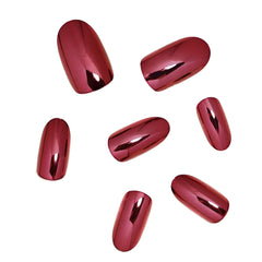 Shiny Metallic Burgundy Press-On Nails - Medium Oval Reflective Mirror Wine Red, 24pcs