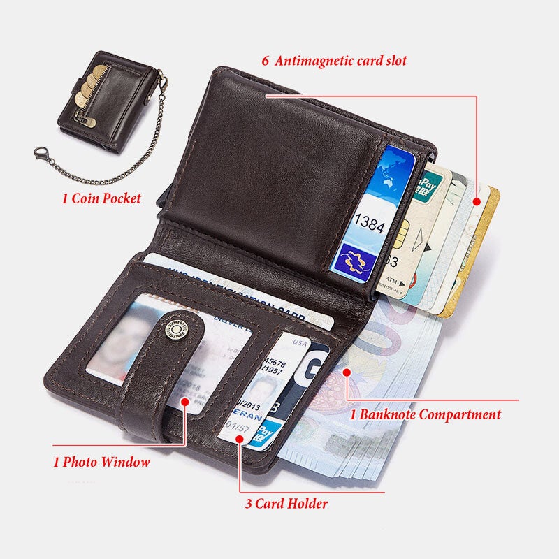 Men Bifold Short RFID Blocking Antimagnetic Wallet First Layer Cowhide 9 Card Slot Holder Money Clip
