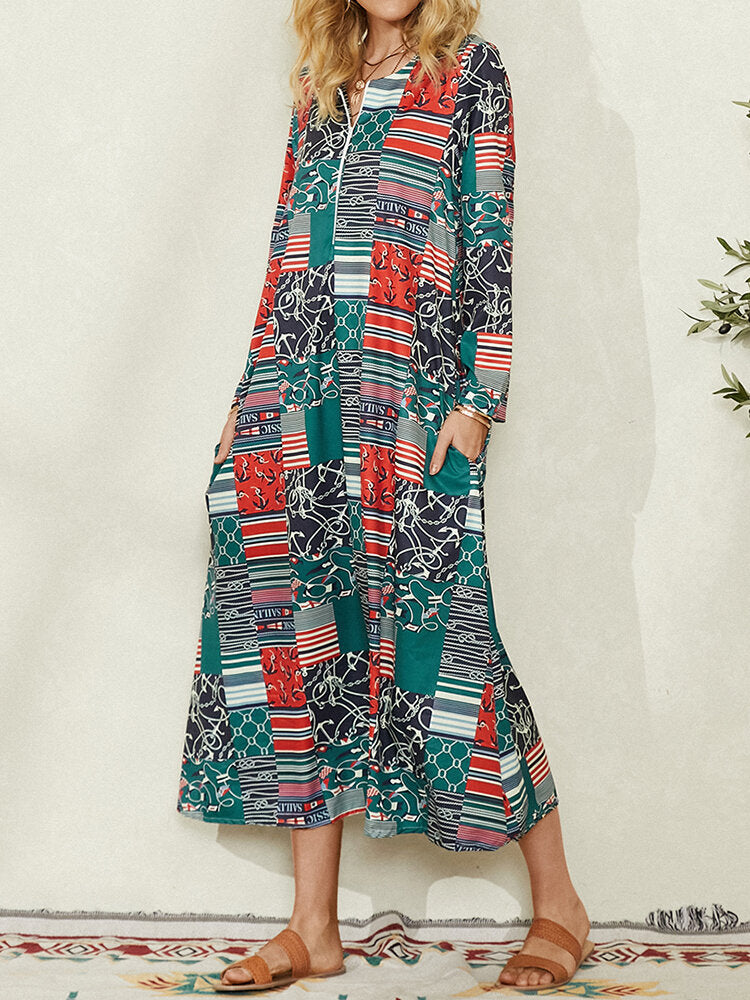 Women Colorblock Geometric Print Side Pocket Vintage Maxi Dress