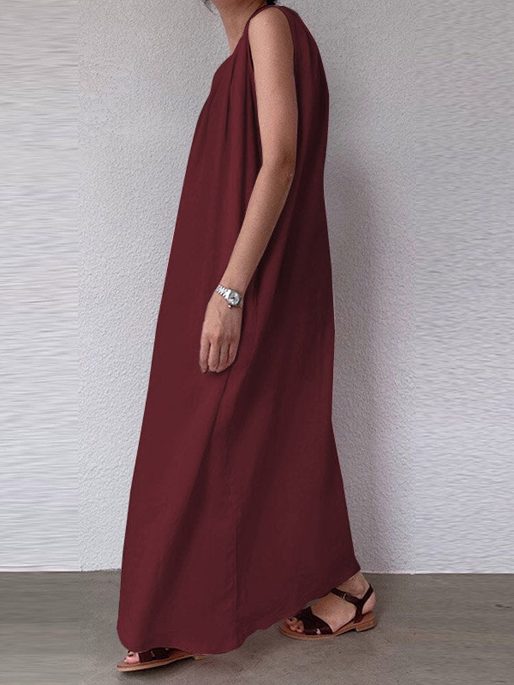 Solid Pocket Cotton Ruched Round Neck Sleeveless Maxi Dress