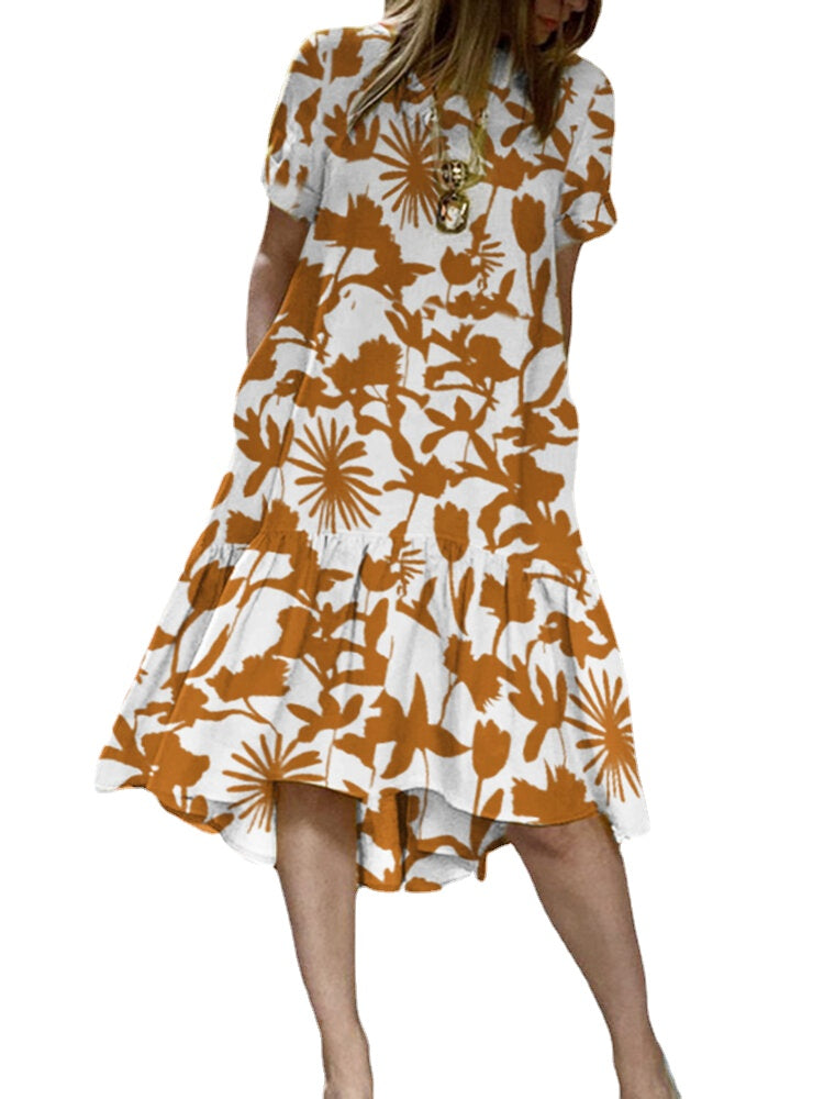 Plant Print Short Sleeve High-Low Hem Pocket Midi Dress