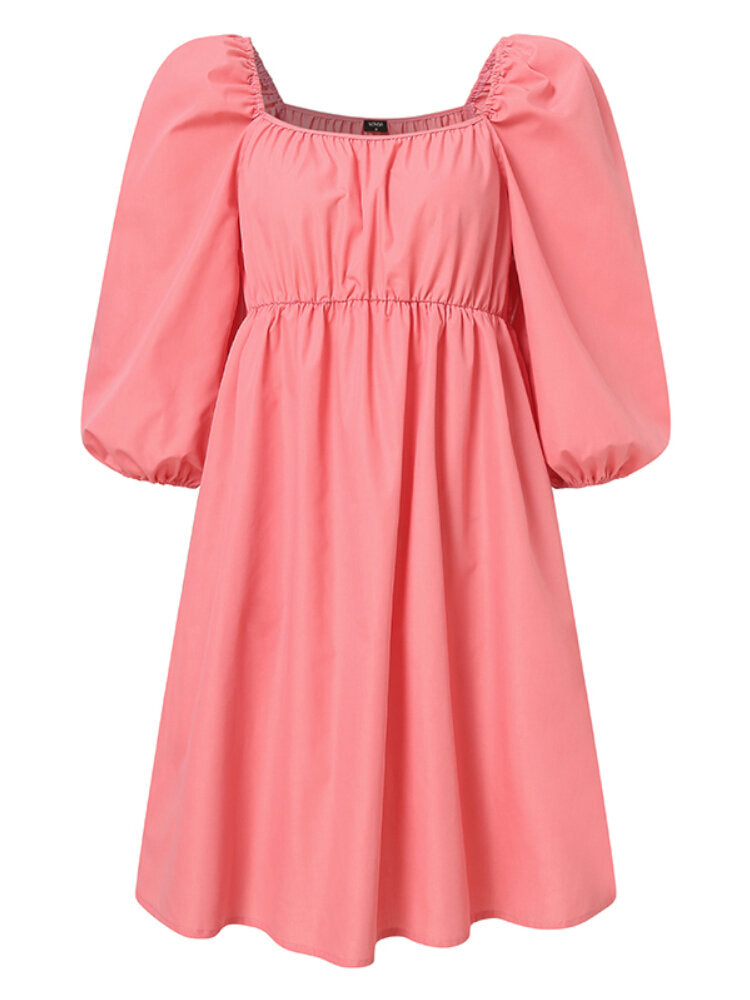 Puff Sleeve Solid Color Square Collar Pleating A-line Casual Mini Dress