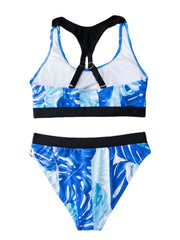 Tropical Leaf Print Criss Cross Back Wide Straps High Waist Summer Beach Bikinis Swimwear