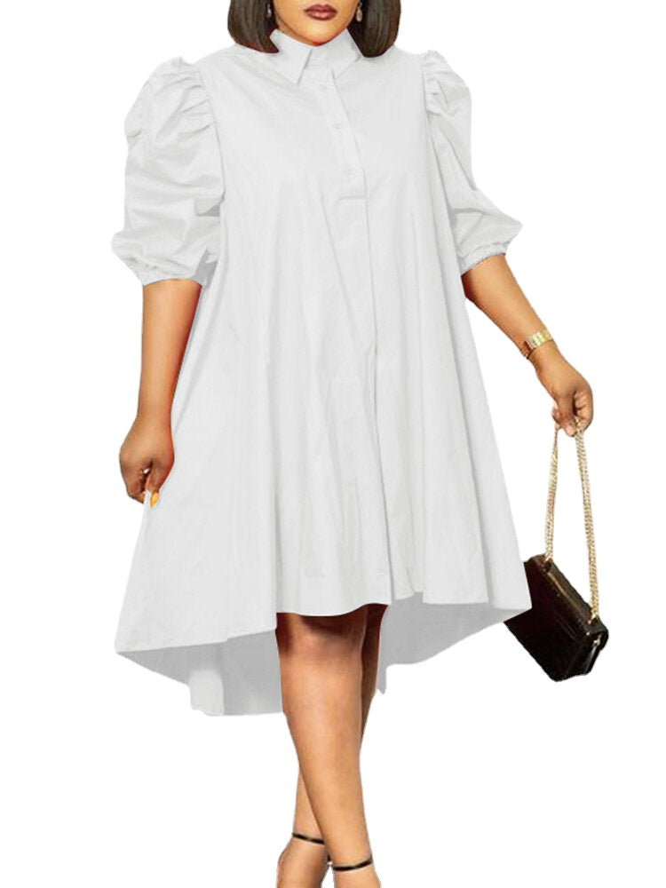 Lapel Solid Leisure Casual Puff Sleeve Dress For Women