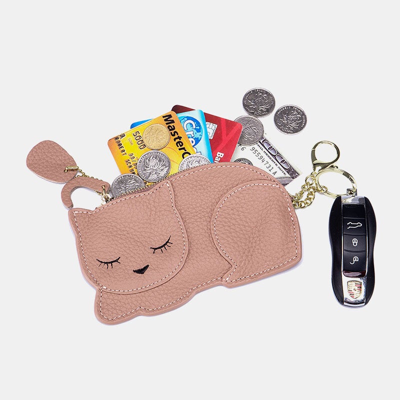 Women Genuine Leather Casual Cute Animal Nap Cat Pattern Mini Keychain Coin Storage Bag