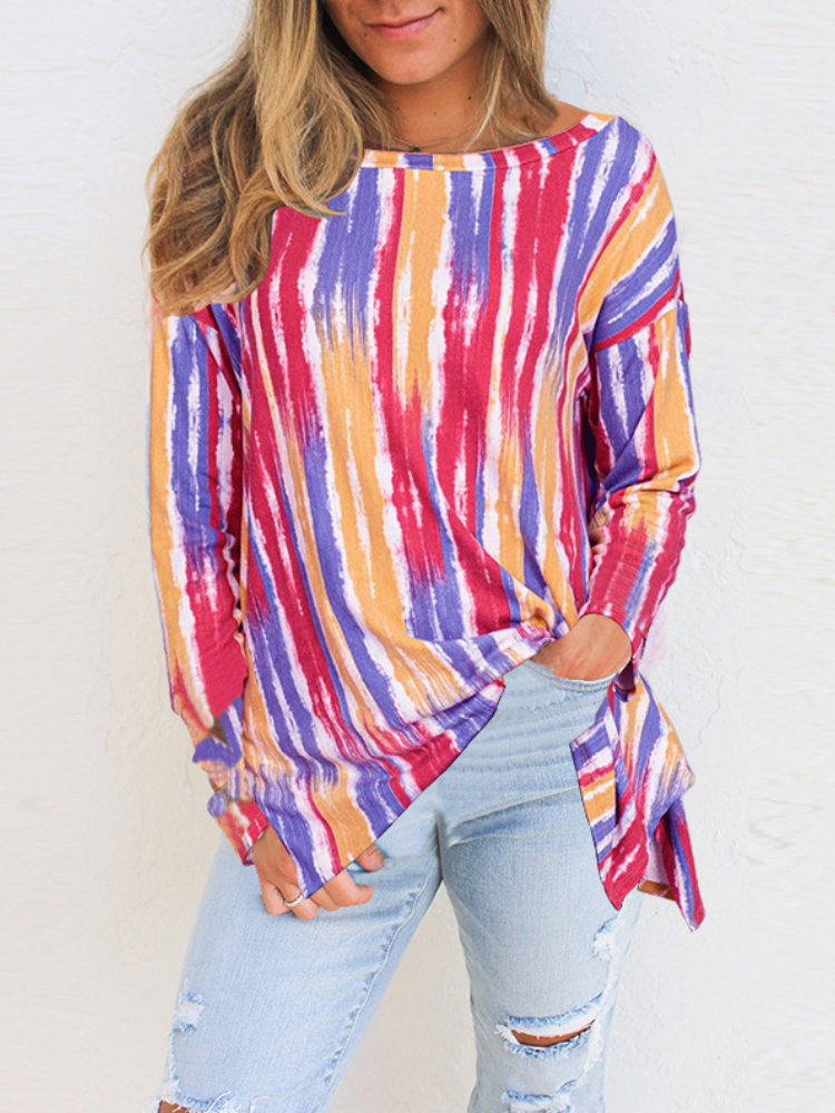 Women Watercolor Stripes Print O-neck Long Sleeve Blouses