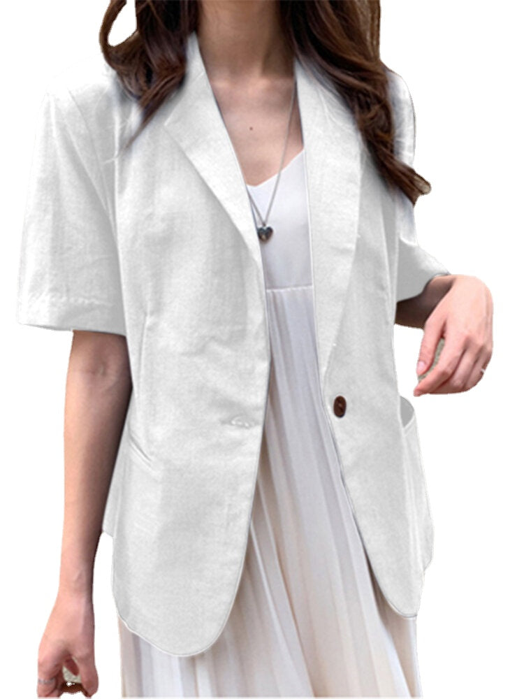 Solid Button Pocket Short Sleeve Casual Blazer