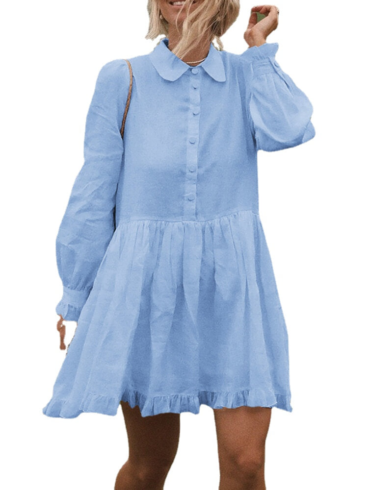 Women Solid Color Doll Collar Button Ruffle Hem Long Sleeve Mini Dress With Pocket