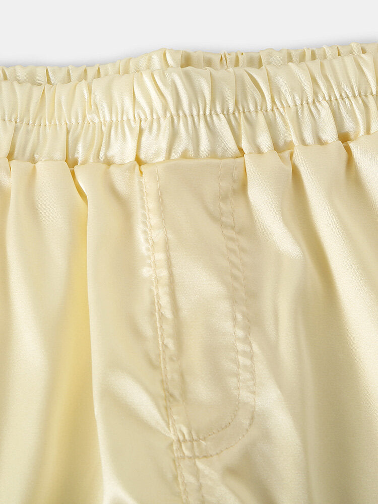 Mens Solid Color Soft Silk Breathable Loose Lightweight Home Elastic Mid Waist Boxers