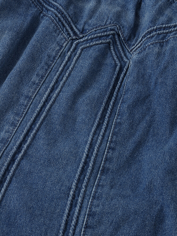 Women Distressed Solid Color Elastic Waist Loose Denim Skirt With Pocket