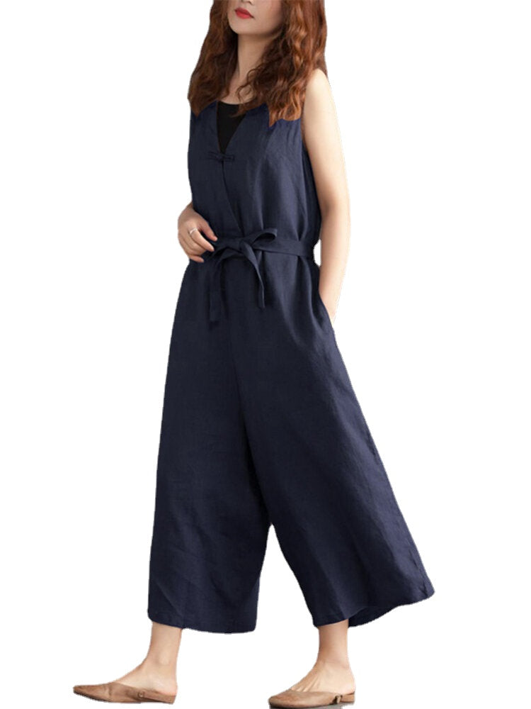 Women Wide Leg Cotton Solid Color V-Neck Sleeveless Jumpsuit with Pockets