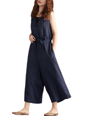 Women Wide Leg Cotton Solid Color V-Neck Sleeveless Jumpsuit with Pockets