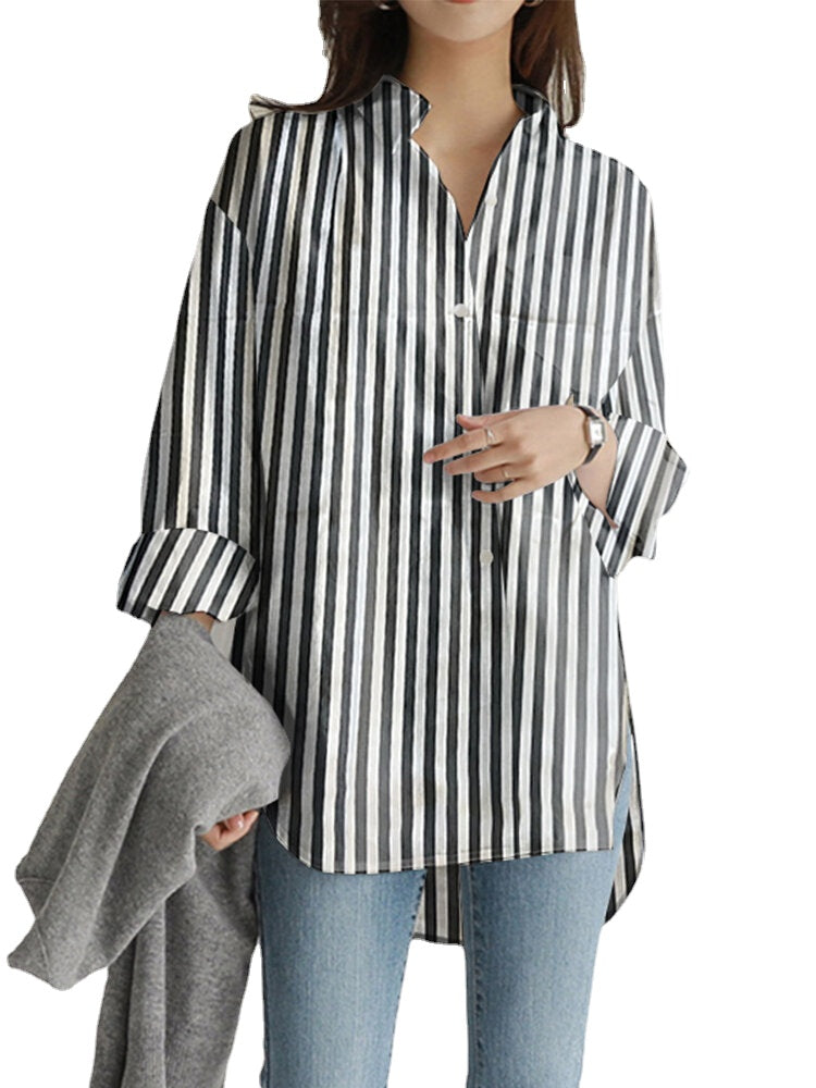 Women Vertical Stripe Print Split Irregular Hem Long Sleeve Casual Shirt With Pocket