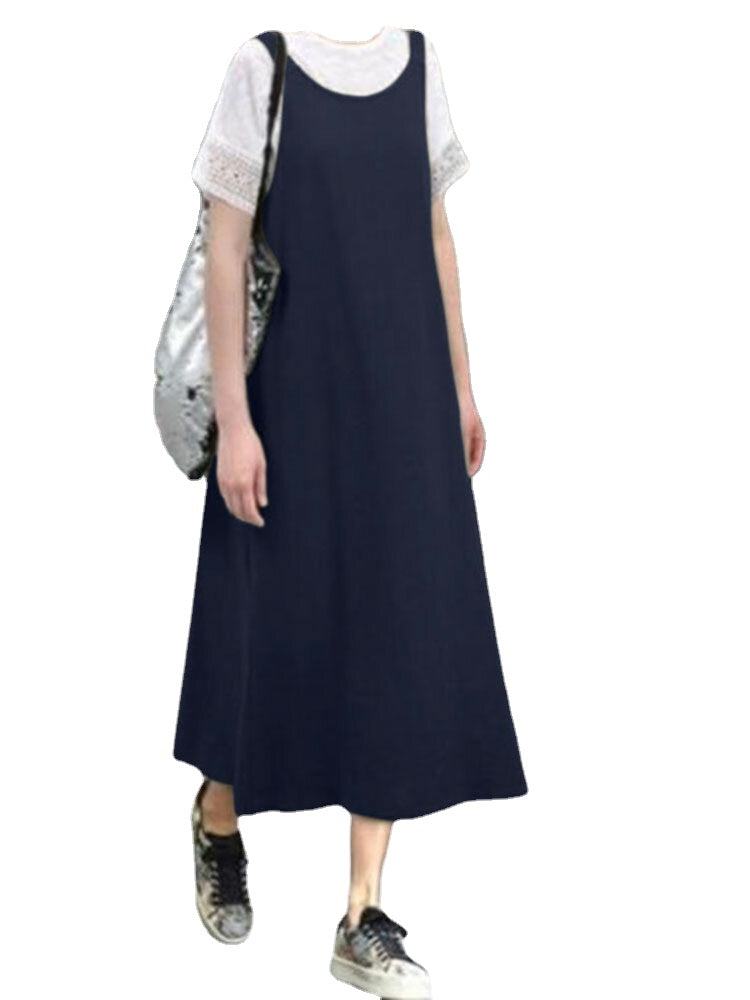 Cotton Solid Sleeveless Ruched Casual Midi Dress