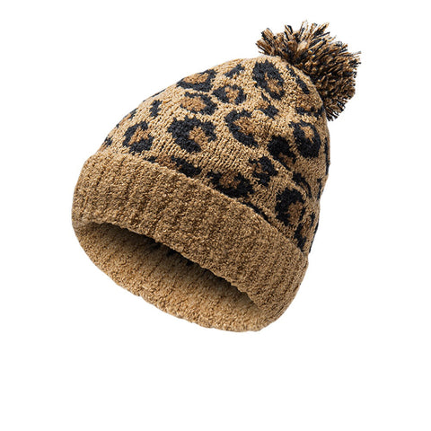 Unisex Knitted Leopard Pattern Fur Ball Decoration Flanging Casual Warmth Beanie Hat