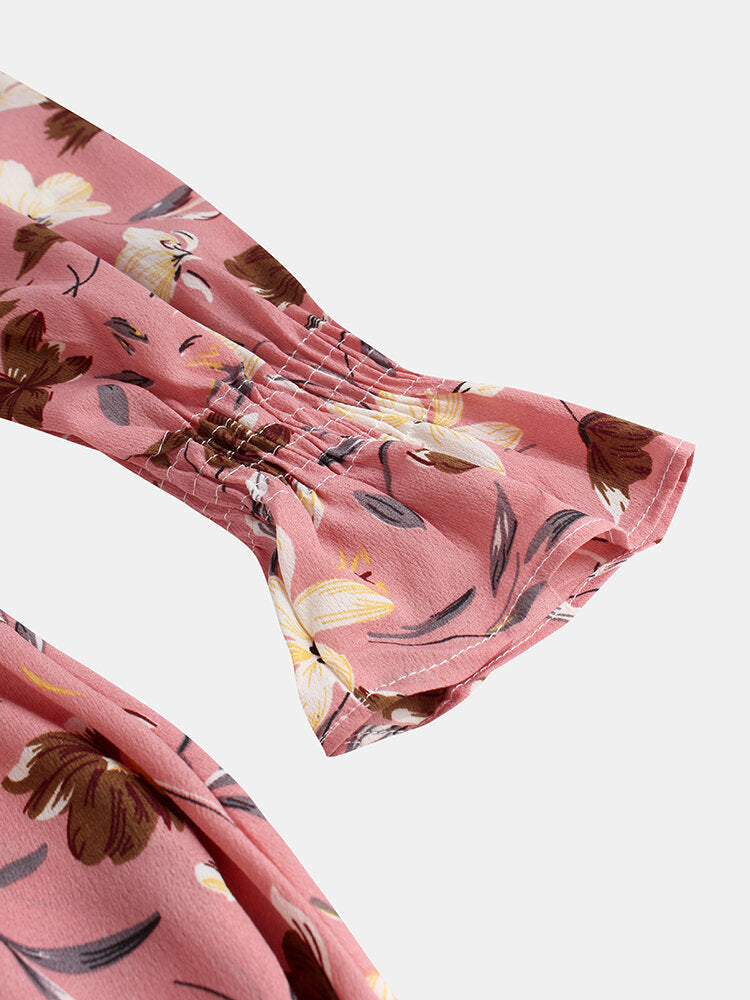 Long Sleeved V-neck Floral Print Chiffon Mini Dress