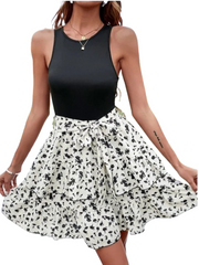 Women's Sleeveless Floral Ruched Crew Neck Stylish Cake Dress