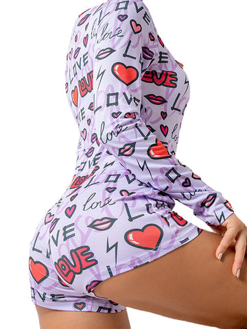 Plus Size Women Heart & Letter Print V-Neck Long Sleeve Onesies Sleepwear Rompers