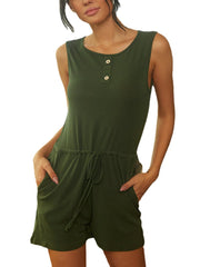 Casual Women O-neck Sleeveless Drawstring Waist Button Short Jumpsuits