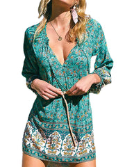 V-Neck Floral Printed Elastic Cuff Leisure Bohemian Dress For Women