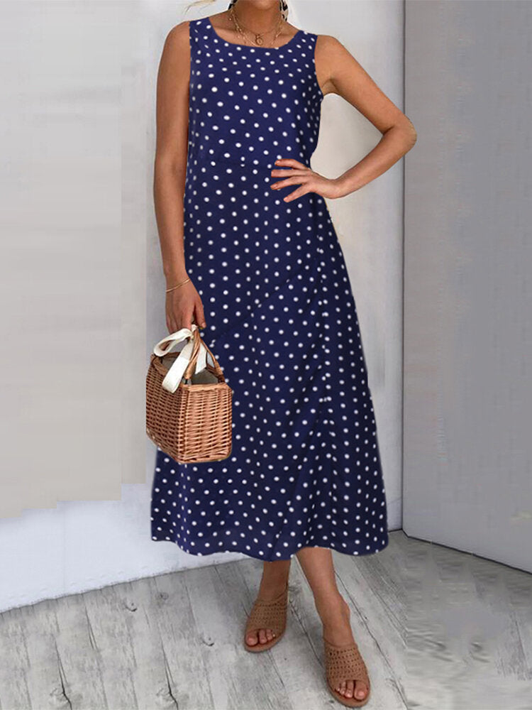 Polka Dot Print O-neck Sleeveless Loose Summer Casual Maxi Dress