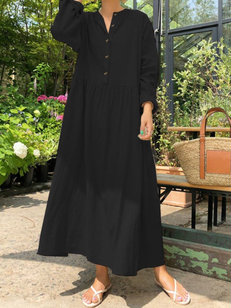 Women 100% Cotton Side Pockets Pleats Simple Casual Maxi Dress