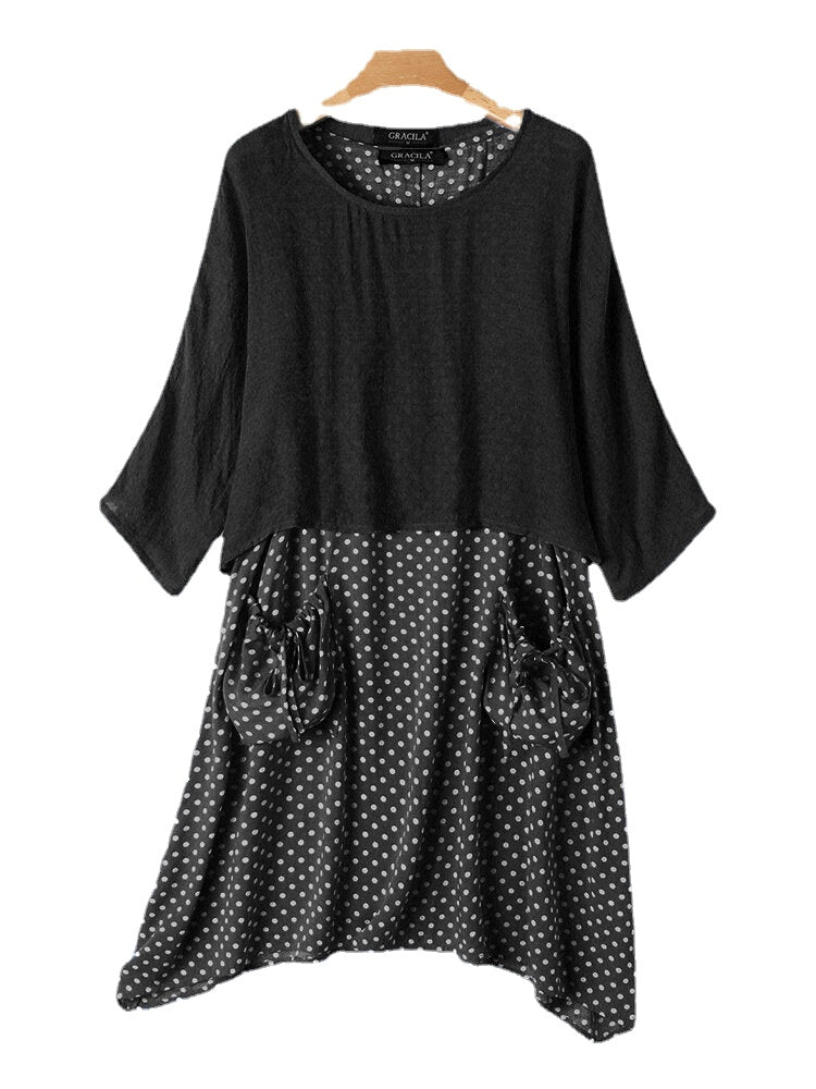 Polka Dot Print O-neck Irregular Hem Two Pieces Pocket Midi Dress For Women