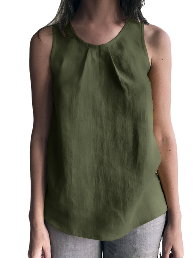 Cotton Solid Ruched Sleeveless Casual Tank Top