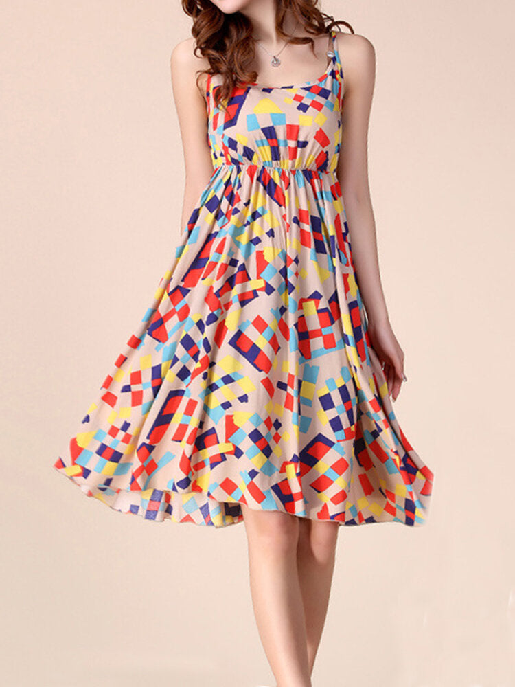 Bohemian Women Strap Flower Pattern Printing Beach A-line Dress