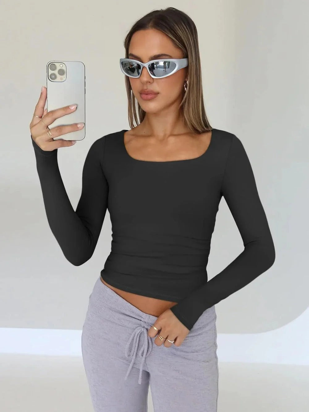 Womens Long Sleeve Shirts Crop Tops Basic Double Layering Tight Slim Fit T Shirts Winter Clothes