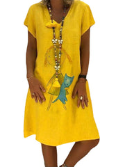 Women Short Sleeve O-neck Cartoon Print Casual Dress