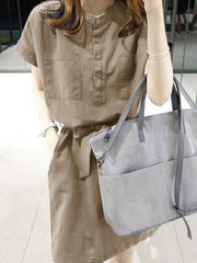 Solid Pocket Button Front Casual Dress With Belt