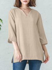 Solid Split V Neck Cotton Casual Blouse