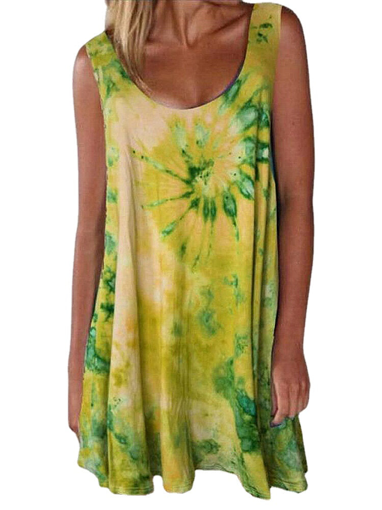 Women Tie-dye Print Crew Neck Summer Sleeveless Loose Dress