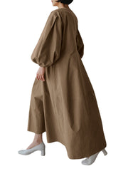 Women Solid V-neck Puff Sleeve Loose Plain Casual Maxi Dress With Pocket