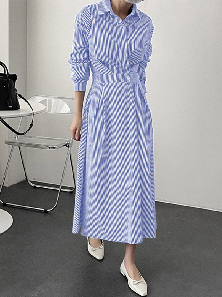 Stripe Print Lapel Long Sleeve Button Elastic Waist Shirt Dress