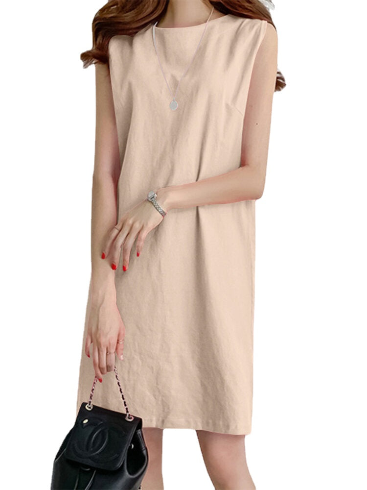 Solid H-Shaped Cotton Sleeveless Round Neck Casual Midi Dress