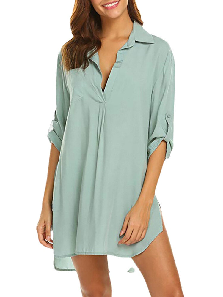 Women Solid Color Cover Up Loose Sun Protection High-Low Hem Beach Dress